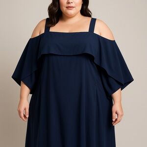Ursime Elegant Navy Flowy Off-Shoulder Dress 2XL